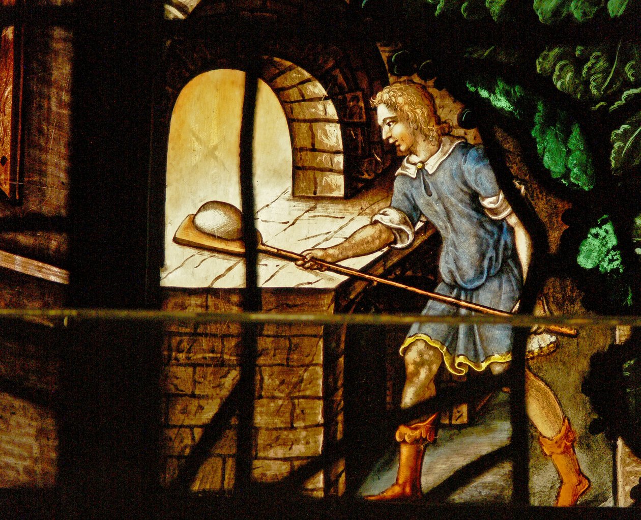 Finestra nel Charnier raffigurante i fornai al lavoro e una scena di Abramo visitato da tre angeli da French School