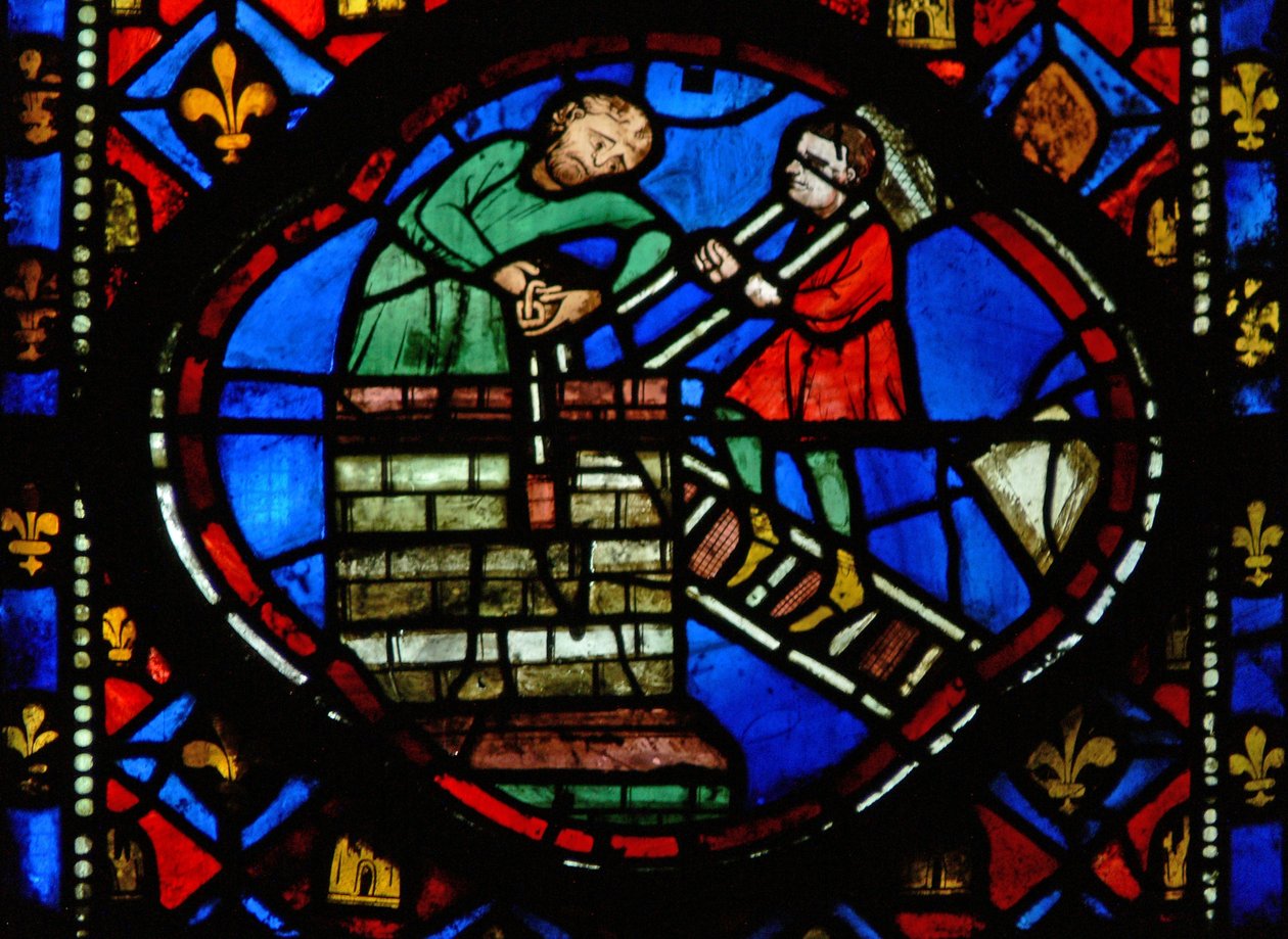 Finestra Ew-R che raffigura Teofilo costruisce una chiesa da French School