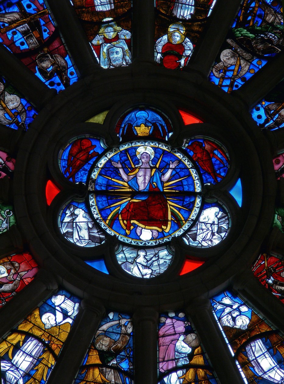 Vetrata raffigurante Cristo con tre angeli e tre anime da French School