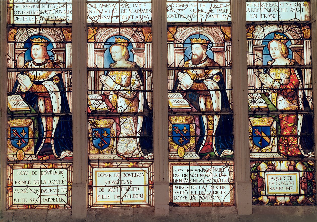 Vetrata raffigurante Louis de Bourbon (1465-1520) Principe de La Roche-sur-Yon, Louise de Bourbon (m.1561) Contessa di Montpensier, Louis II de Bourbon (1513-82) Duca di Montpensier e Jacquette de Longwy da French School