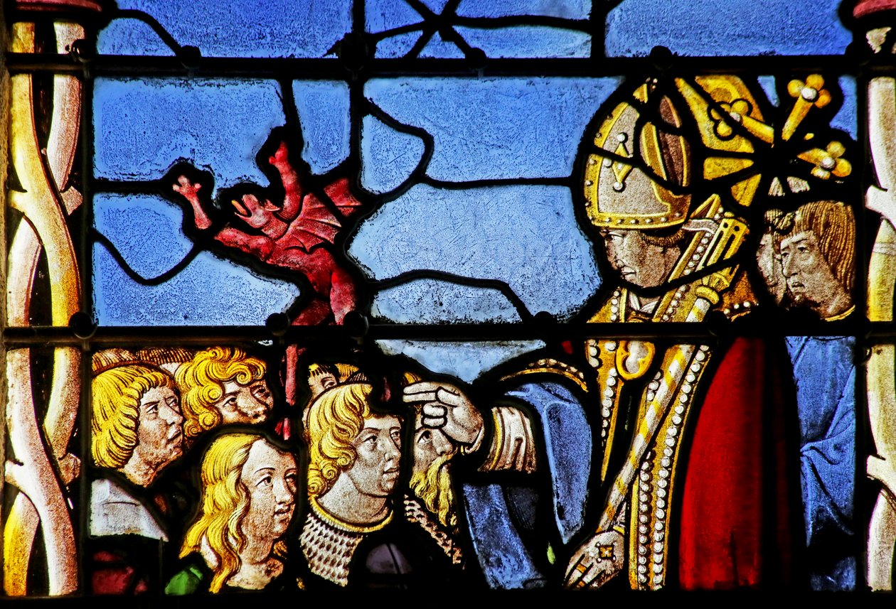 Vetrata raffigurante San Clero: esorcizza un demone da Hasterie da French School