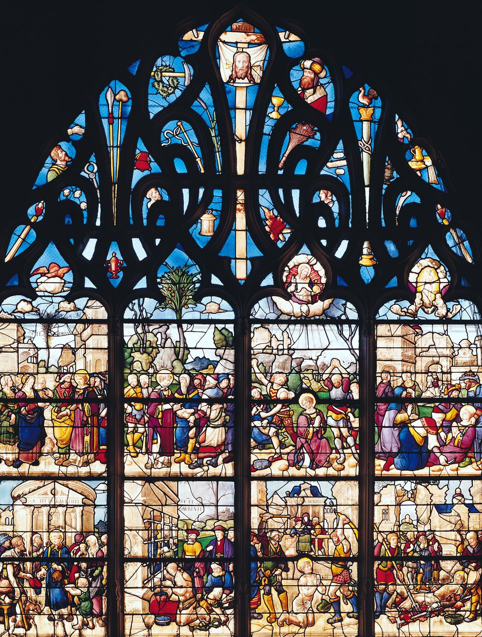 Vetrata che raffigura Scene della Vita di San Stefano e San Lorenzo, dalla Chapelle Bonne-Mort da French School