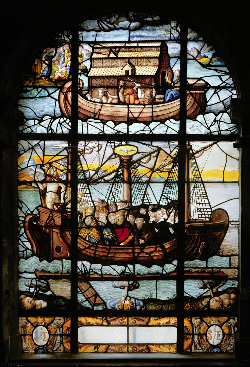 Finestra che raffigura una nave con santi e l