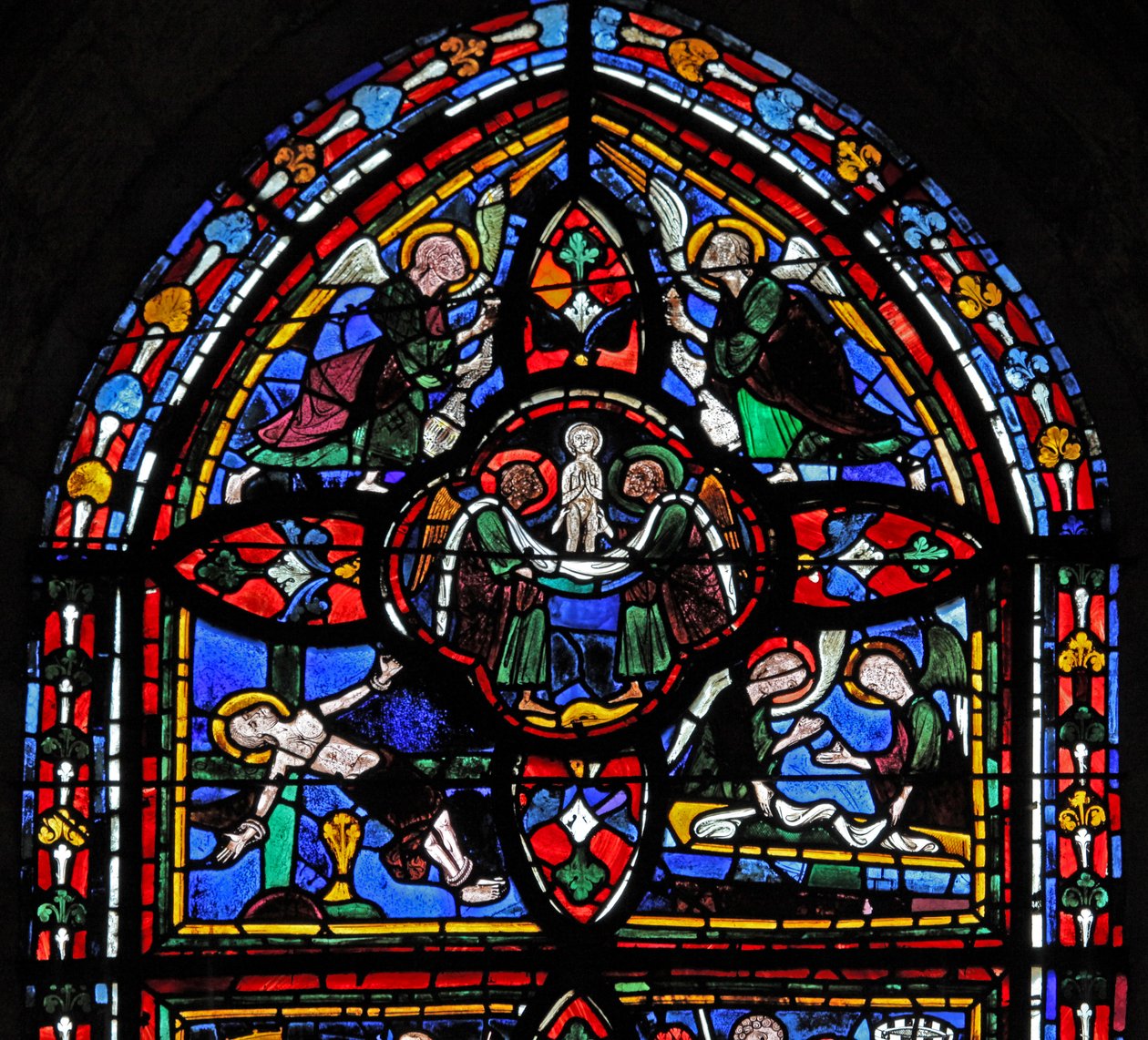 Quinta sezione della finestra w7: la morte di San Pietro: la sua anima ascende al cielo da French School