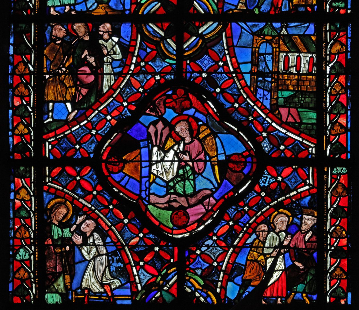 Seconda sezione della finestra di San Giacomo: al centro ci sono i chiodi della Passione; Fileto si converte; Ermogene con San Giacomo; una chiesa; San Giacomo con 2 uomini da French School