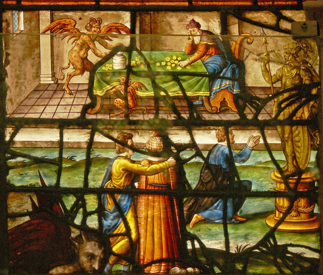 Finestra nel Charnier raffigurante la Pasqua ebraica, Pasqua cristiana e peccati (gioco e idolatria) da French School