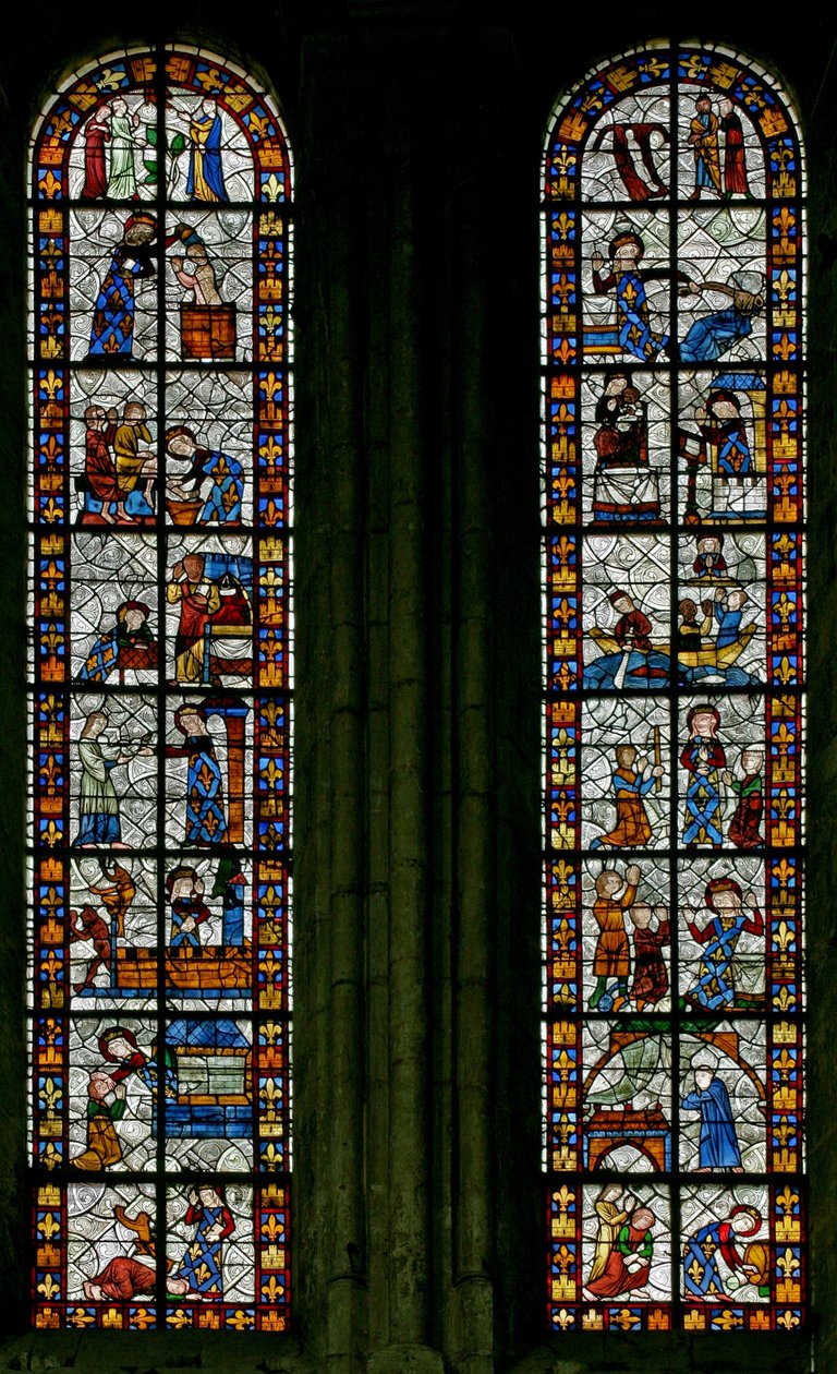 Finestra n1 che raffigura scene della vita di Santa Radegonda da French School