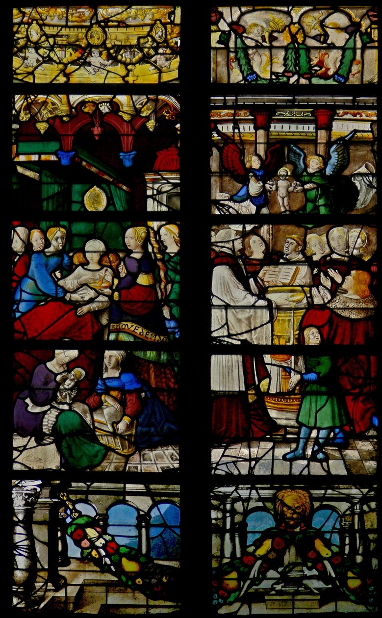 Finestra raffigurante scene della vita di San Claudio: la sua nascita e battesimo da French School