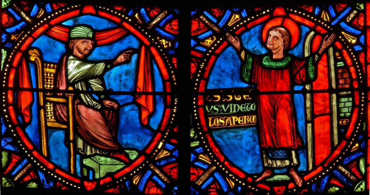 Finestra w10 raffigurante il Sommo Sacerdote che cerca di dissuadere San Stefano dal predicare (moderna) da French School