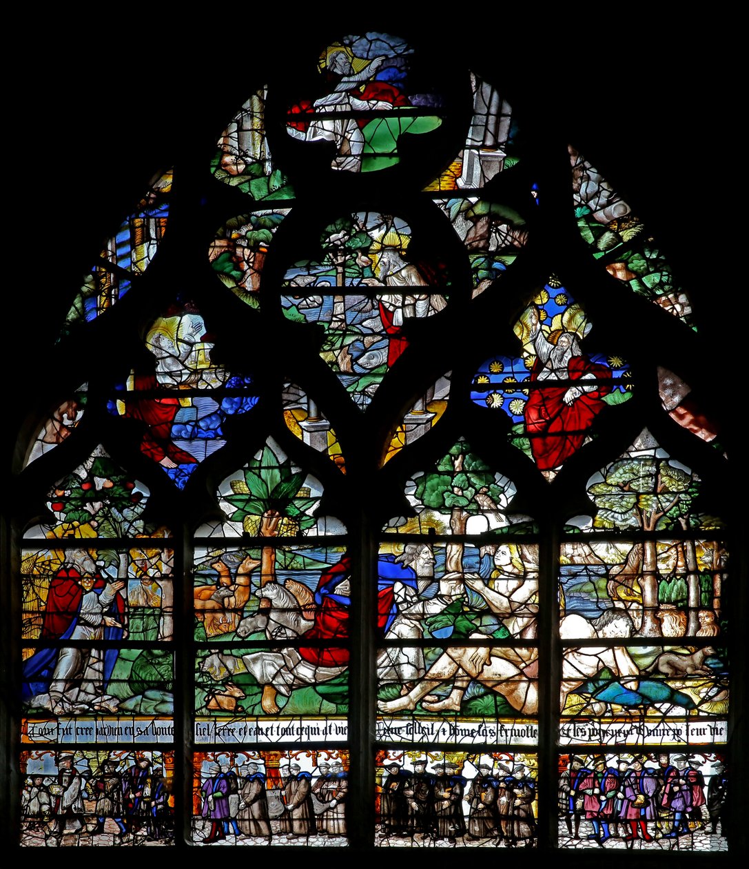 Finestra w120 raffigurante la Creazione e membri della Confrérie de Charité da French School