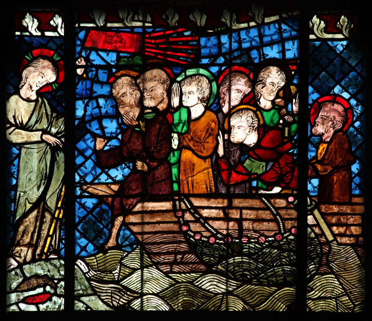 Finestra w14 raffigurante una scena di Resurrezione: la pesca miracolosa da French School