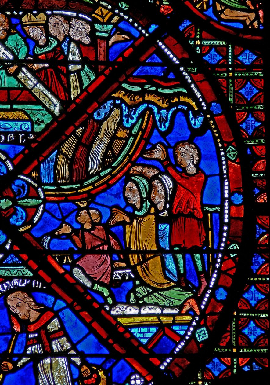 Finestra w15 raffigurante la storia delle reliquie di San Stefano: durante la riesumazione, le persone sperimentano cure miracolose mentre la pioggia scende su di loro da French School