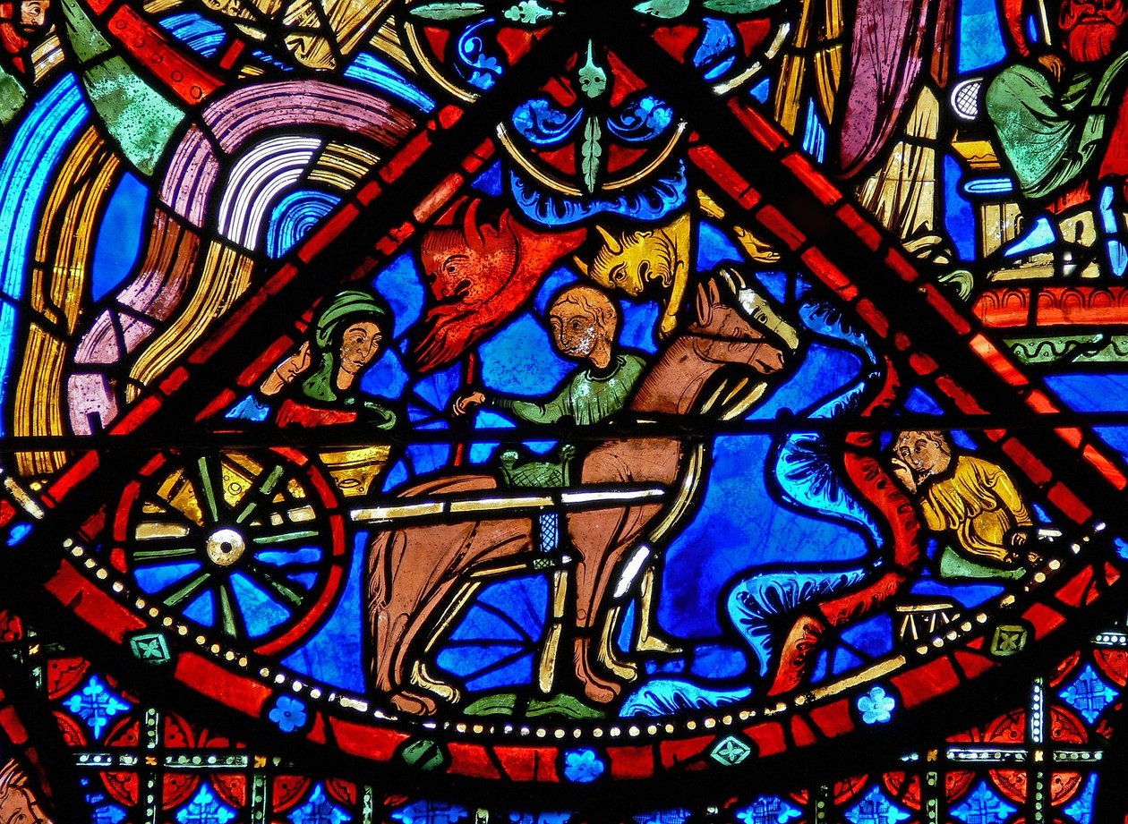 Finestra w15 raffigurante la storia delle reliquie di San Stefano: i diavoli interferiscono con il trasporto delle reliquie da French School