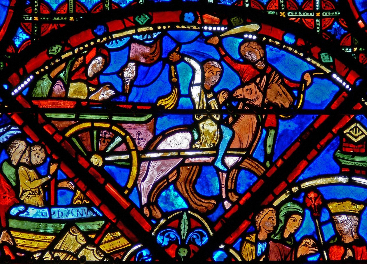 Finestra w15 raffigurante la storia delle reliquie di San Stefano: trasporto delle reliquie a cavallo e carro da French School