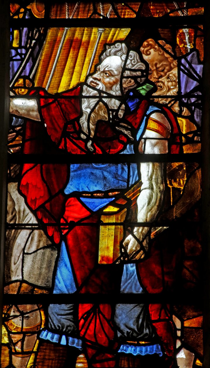 Finestra w16 raffigurante Mosè (testa moderna) che organizza la raccolta della Manna (alcune figure sono copie di figure di Michelangelo) da French School