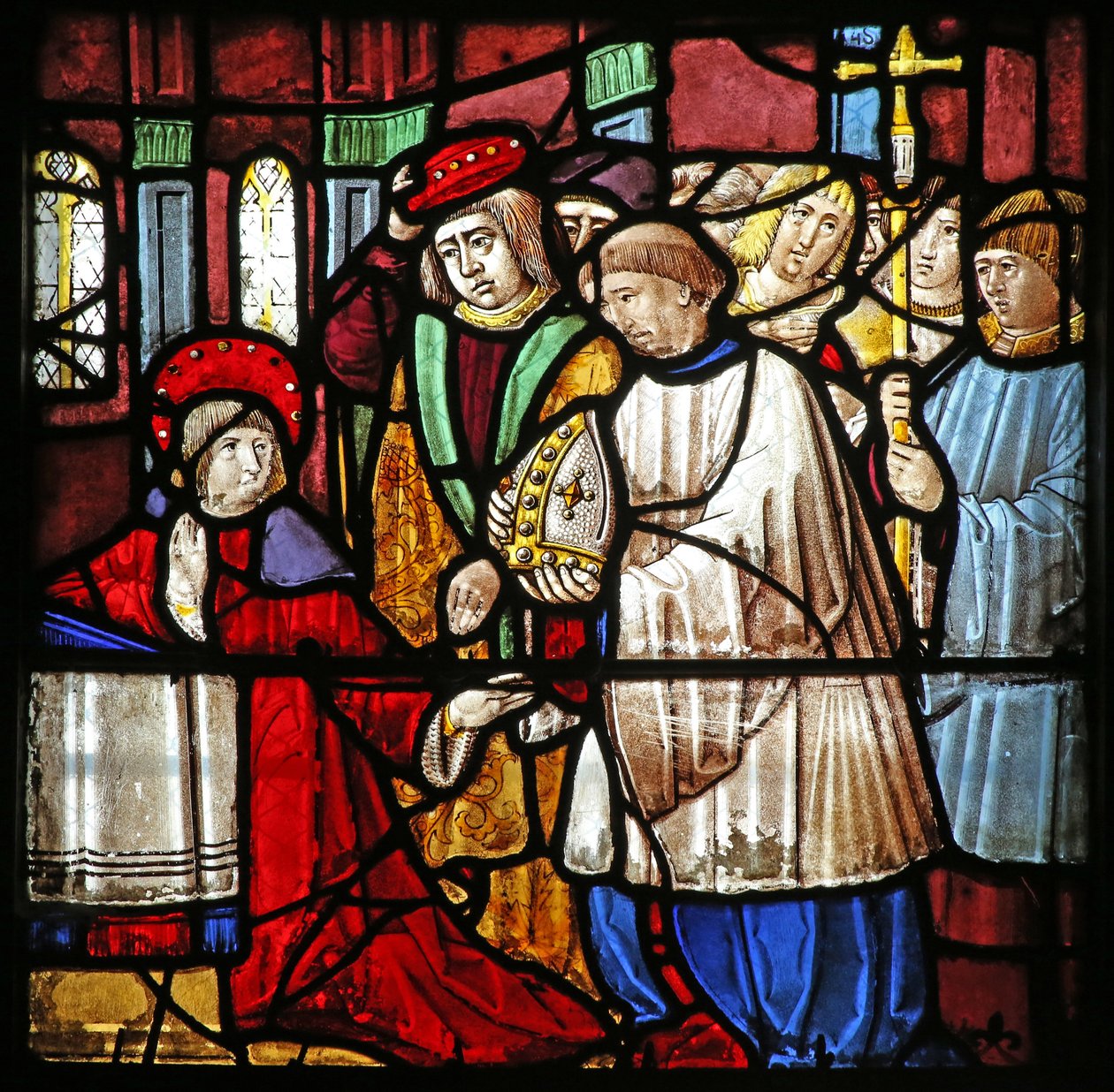 Finestra w19 raffigurante la Vita di San Remigio. gli viene offerto il vescovado di Reims da French School