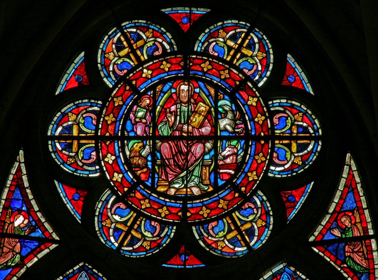 Finestra w200 raffigurante una rosetta: Cristo circondato dai simboli degli Evangelisti da French School
