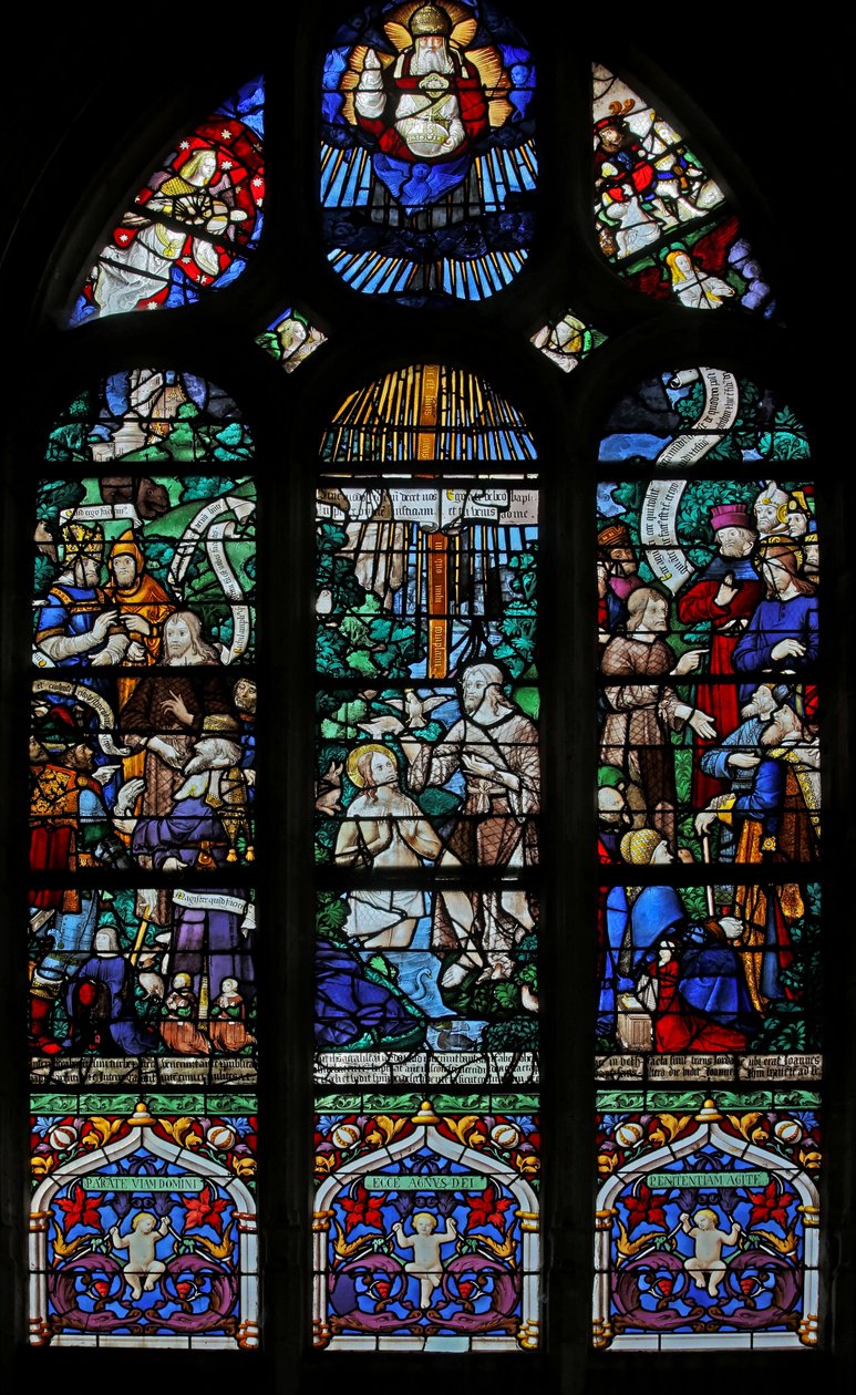 Finestra w20 raffigurante la finestra di San Giovanni Battista: Battesimo nel Giordano; predicazione e interrogatorio da French School