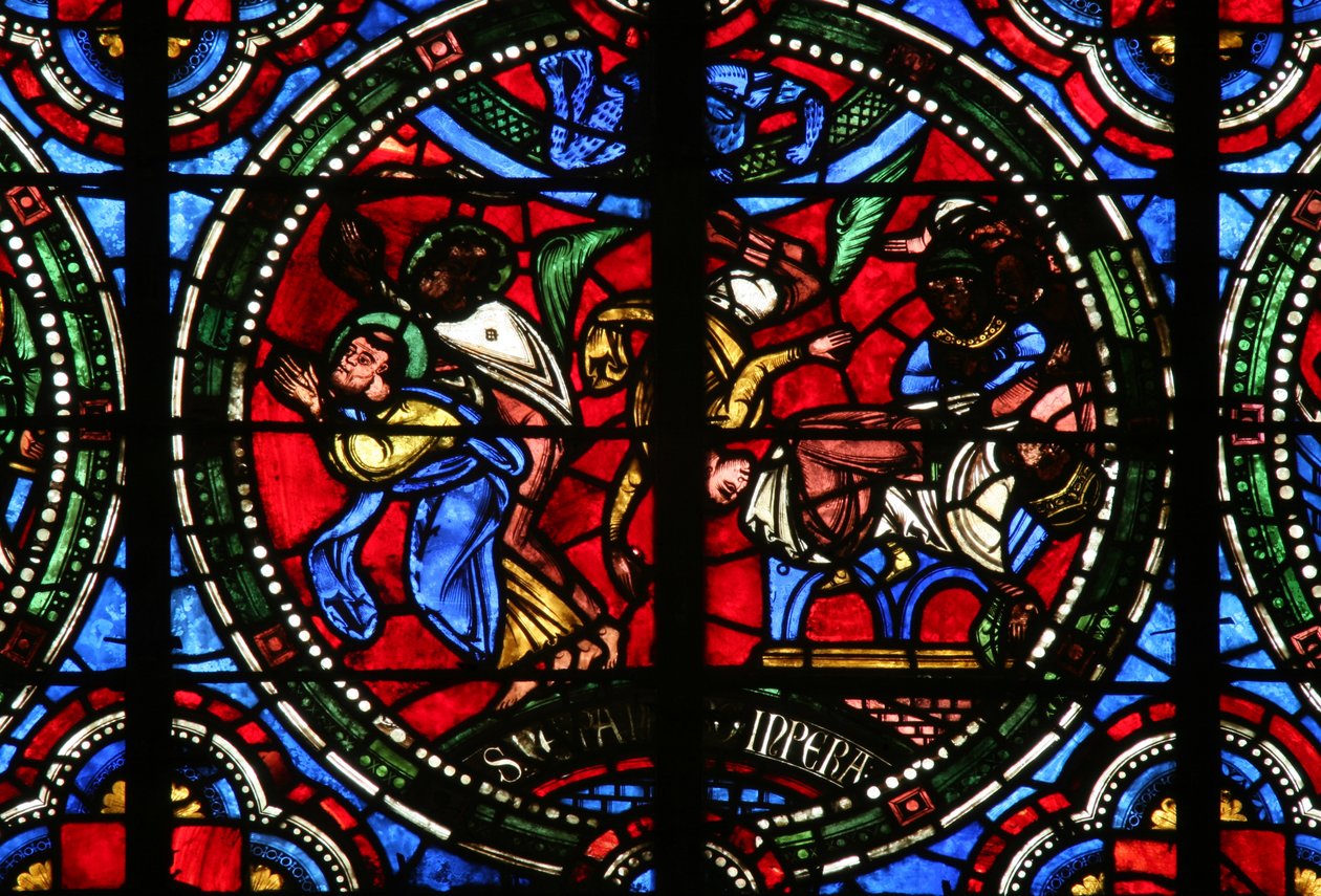 Finestra w2 che raffigura una scena della vita di San Pietro: Simon Mago cade mentre cerca di dimostrare le sue abilità di volo da French School