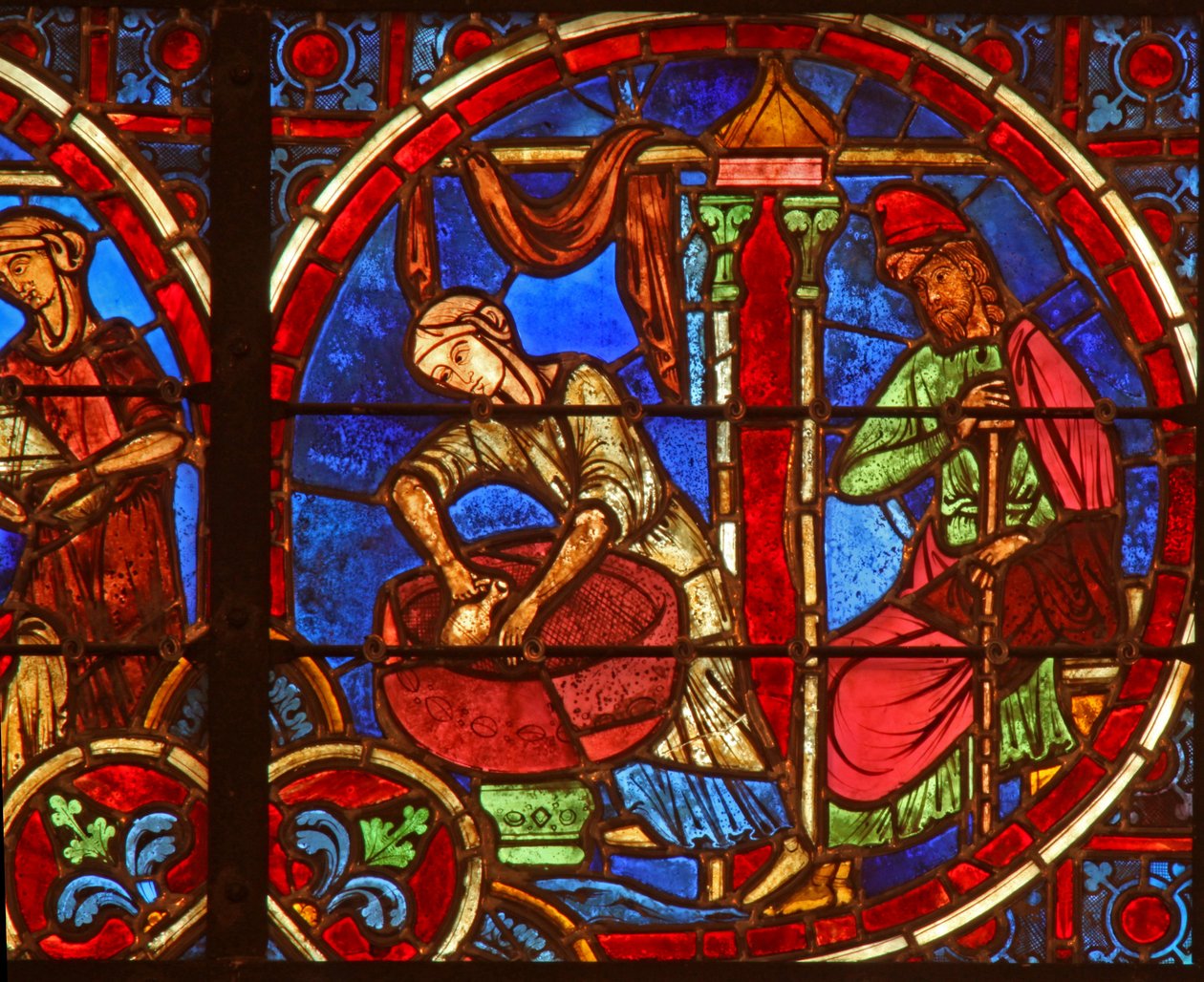 Finestra w2 raffigurante la Natività con levatrici da French School