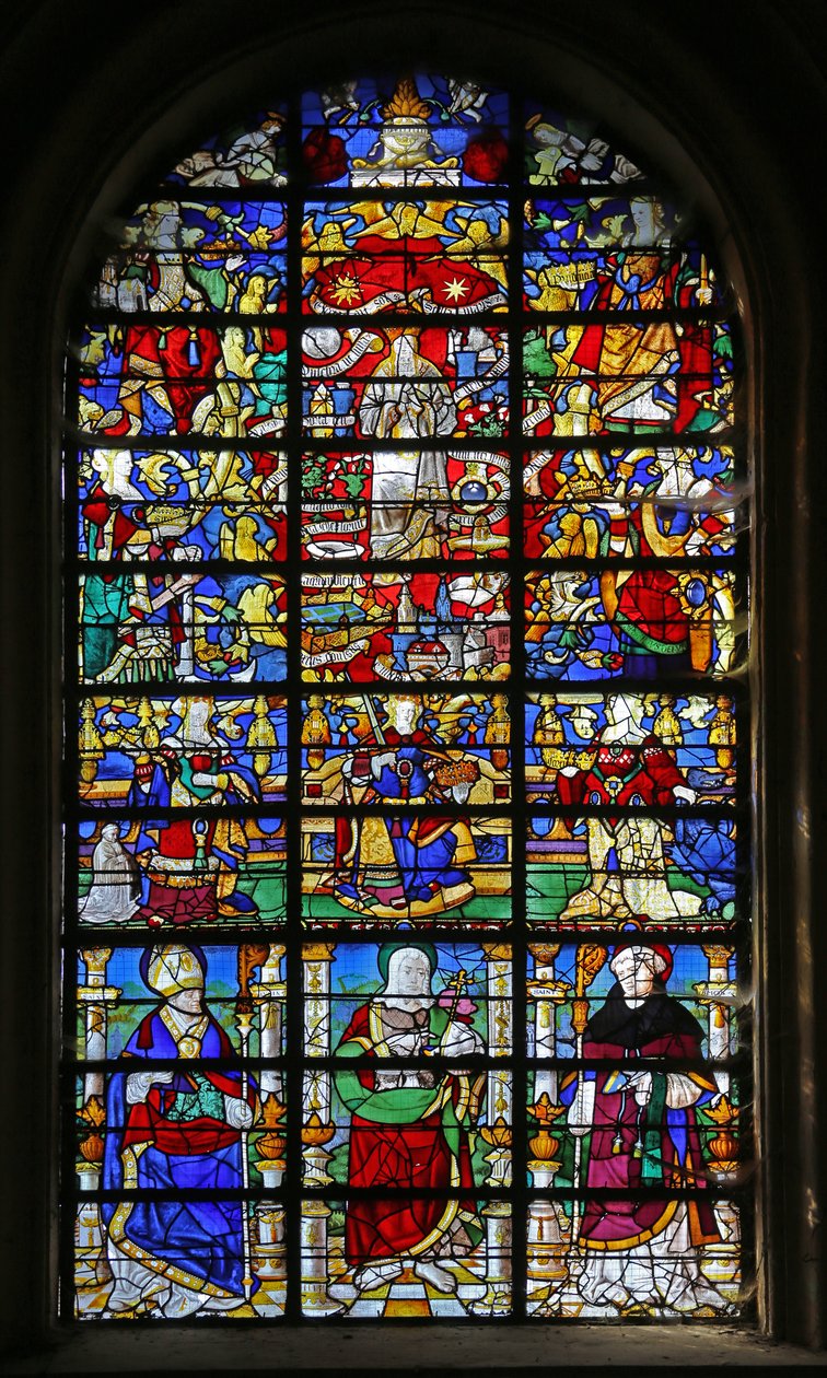 Finestra w32 raffigurante le Litanie della Vergine e San Lubino, San Giovanni Battista e San Mauro da French School