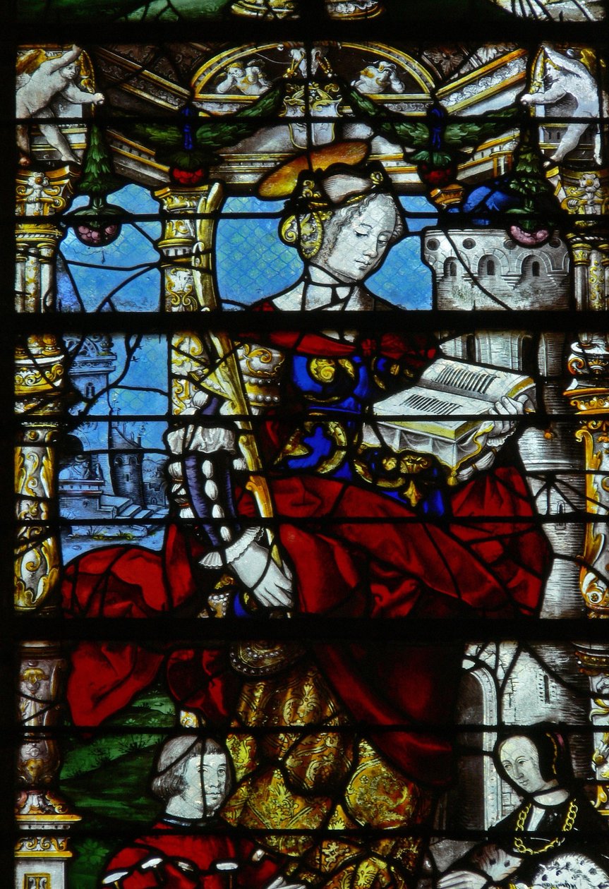 Vetrata w37 raffigurante scene della vita di Santa Barbara da French School