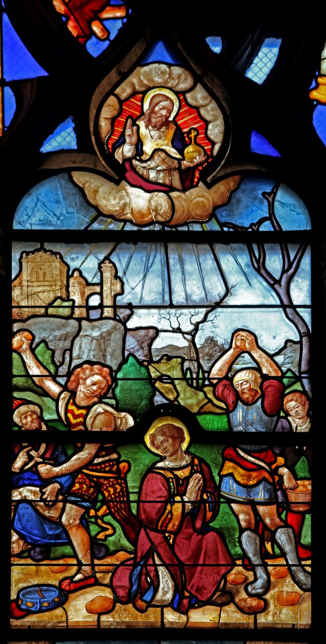 Finestra w46 raffigurante il martirio di Santo Stefano da French School