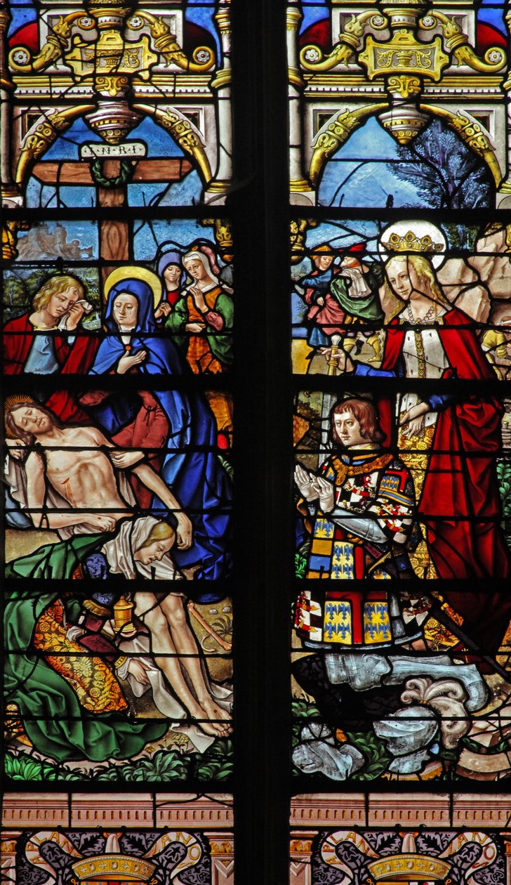 Finestra w4 raffigurante la Discesa dalla Croce con il donatore François de Montmorency e Santa Françoise da French School