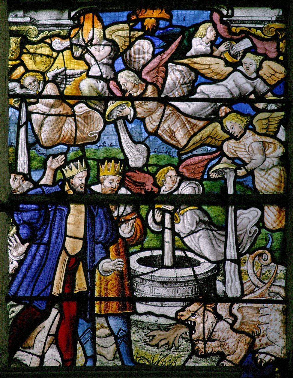 Scene dal Libro della Rivelazione di San Giovanni: uomini bruciati; acqua trasformata in sangue; vasi svuotati; grandine discende da French School
