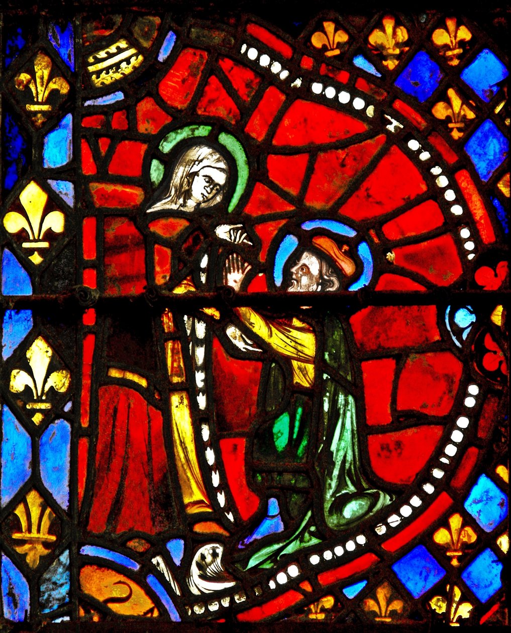 Finestra w6 che raffigura una scena della Vita della Vergine Maria: Giuseppe chiede perdono alla Vergine Maria da French School