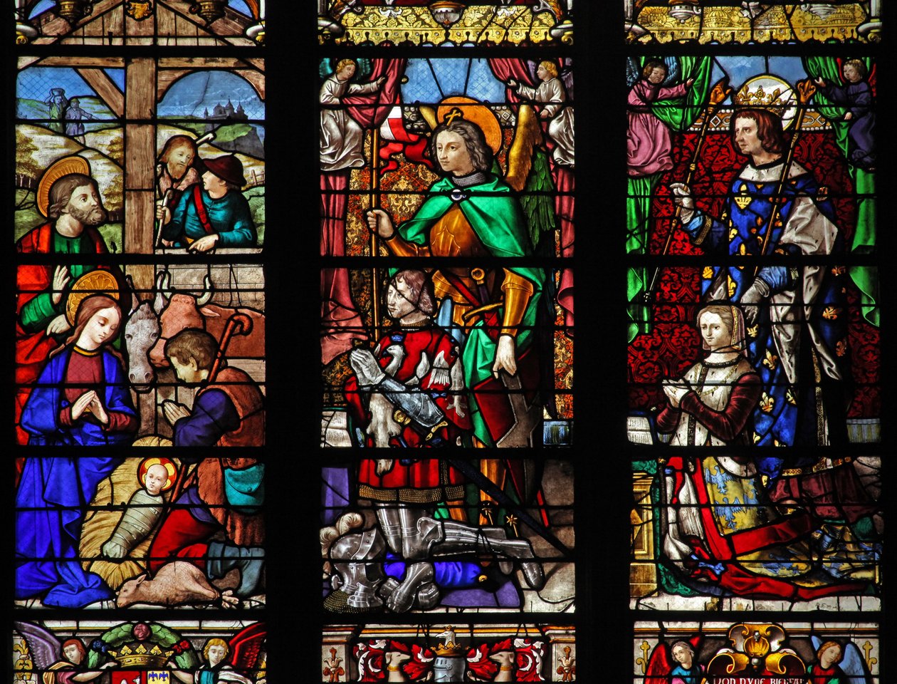 Finestra w6 raffigurante la Natività con i pastori; donatori e santi patroni da French School
