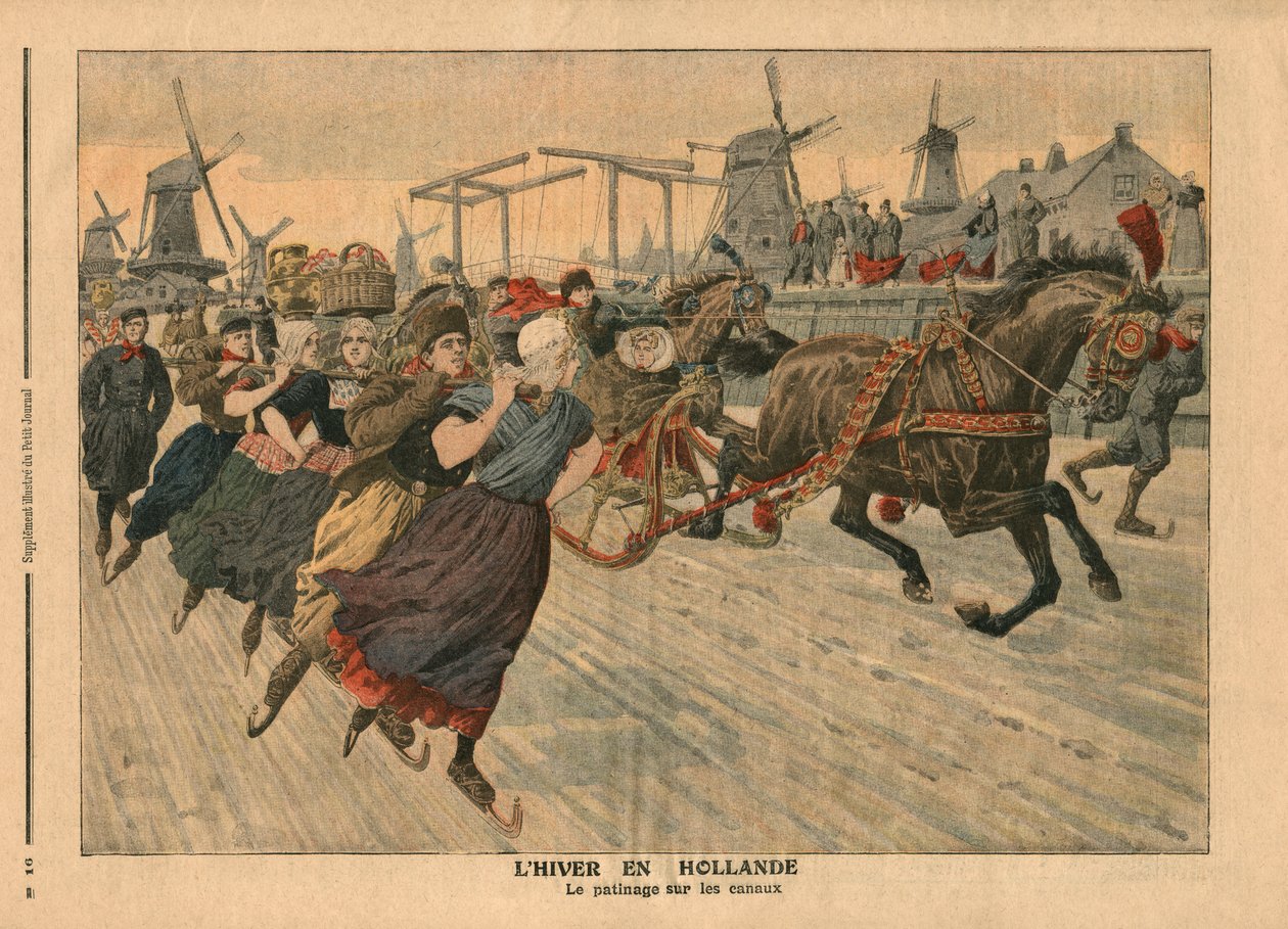 Inverno in Olanda, pattinaggio sul canale, illustrazione da 