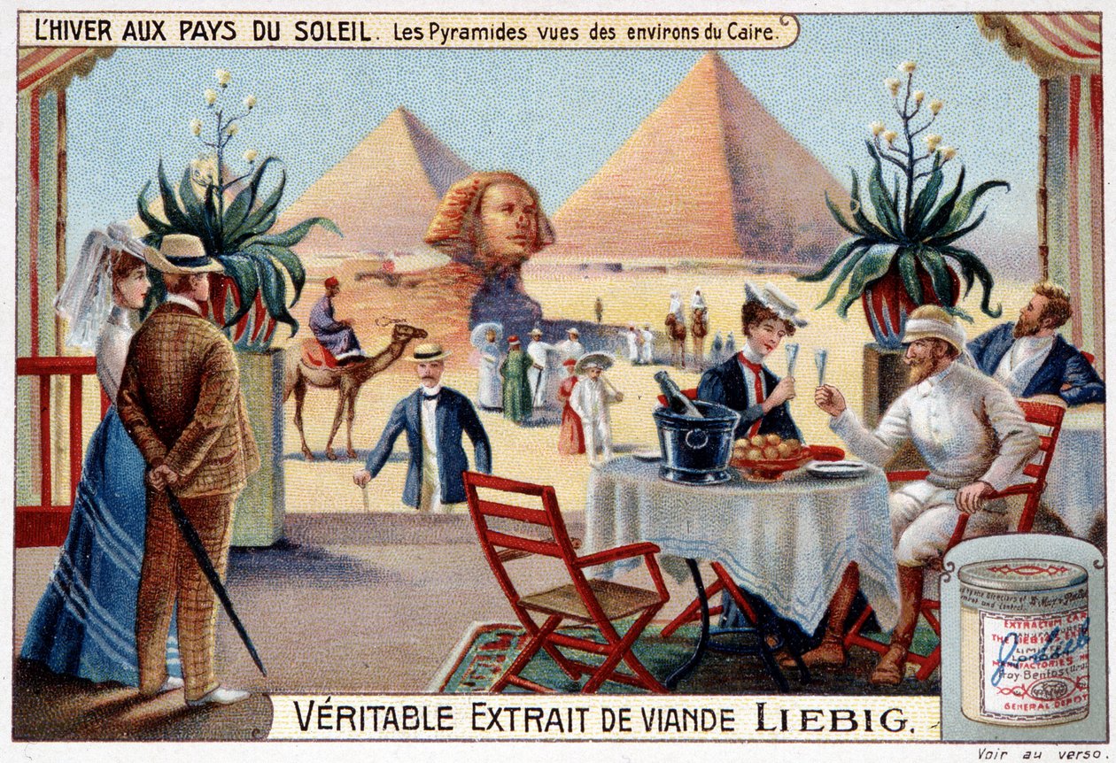 Inverno nei paesi del sole: piramidi viste dai dintorni del Cairo - Vignetta pubblicitaria, cromolitografia Liébig, ca. 1900 da French School