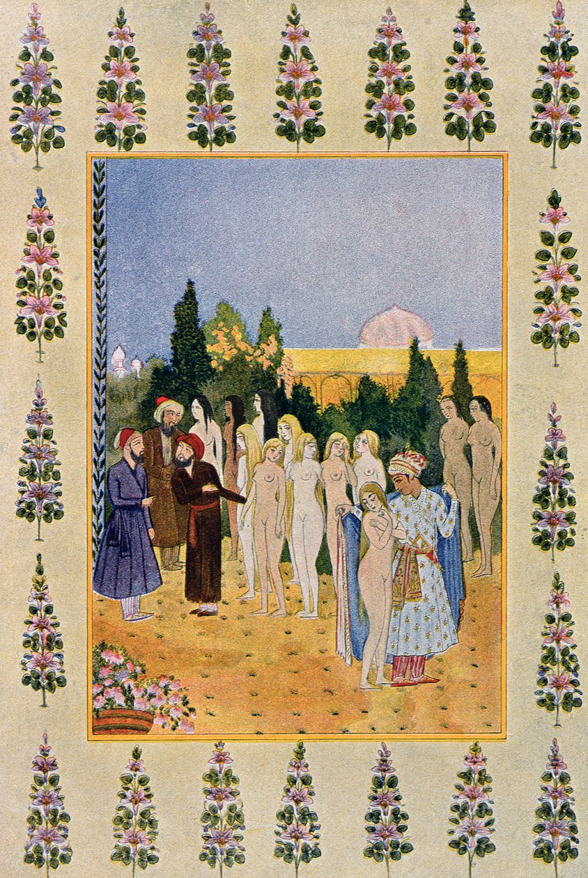 Con il mio mantello proteggerò la sua nudità, illustrazione da Le Mille e una Notte, 1895 (incisione a colori) da French School