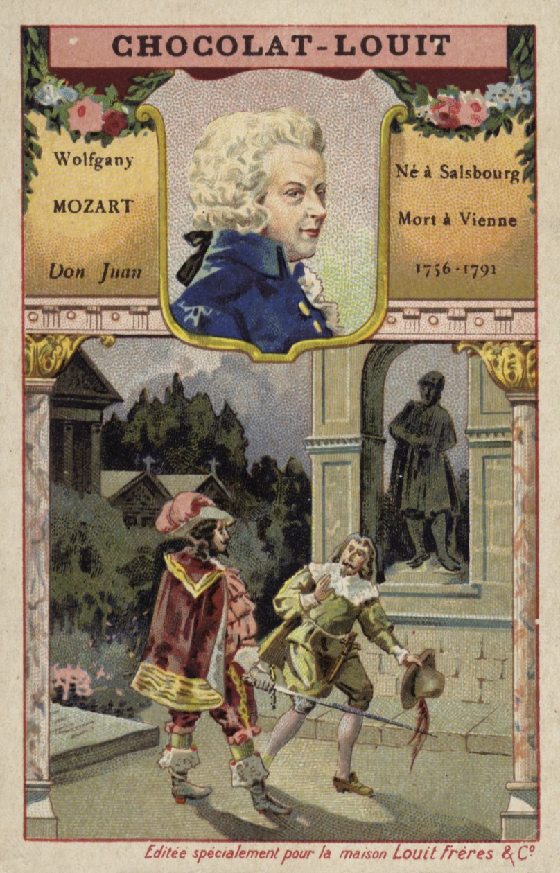 Wolfgang Amadeus Mozart, compositore austriaco, e una scena della sua opera Don Giovanni (cromolito) da French School