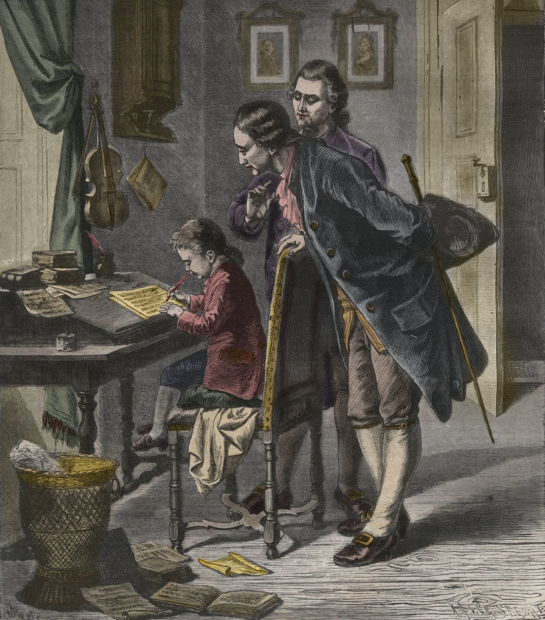 Wolfgang Amadeus Mozart che scrive un concerto alla presenza di suo padre, Leopold, illustrazione da 