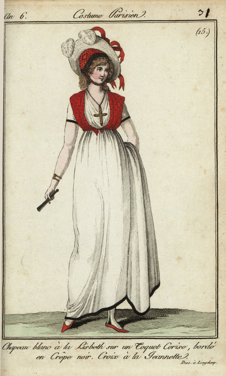 Donna con cappello Lisbeth alla moda del 1798 (incisione a mano colorata su rame) da French School