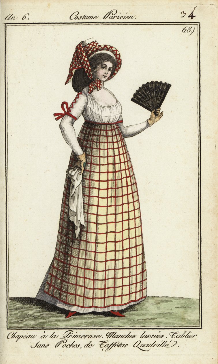 Donna con cappello Primerose alla moda del 1798 (incisione a mano colorata su rame) da French School