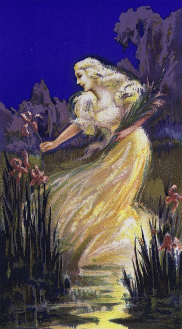 Donna che raccoglie iris (litografia a colori) da French School