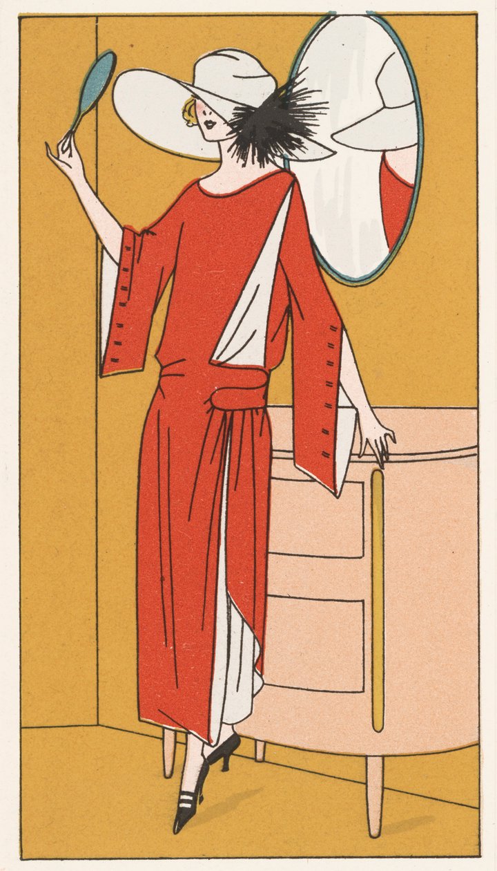 Donna con abito in crêpe rosso e cappello bianco degli anni 