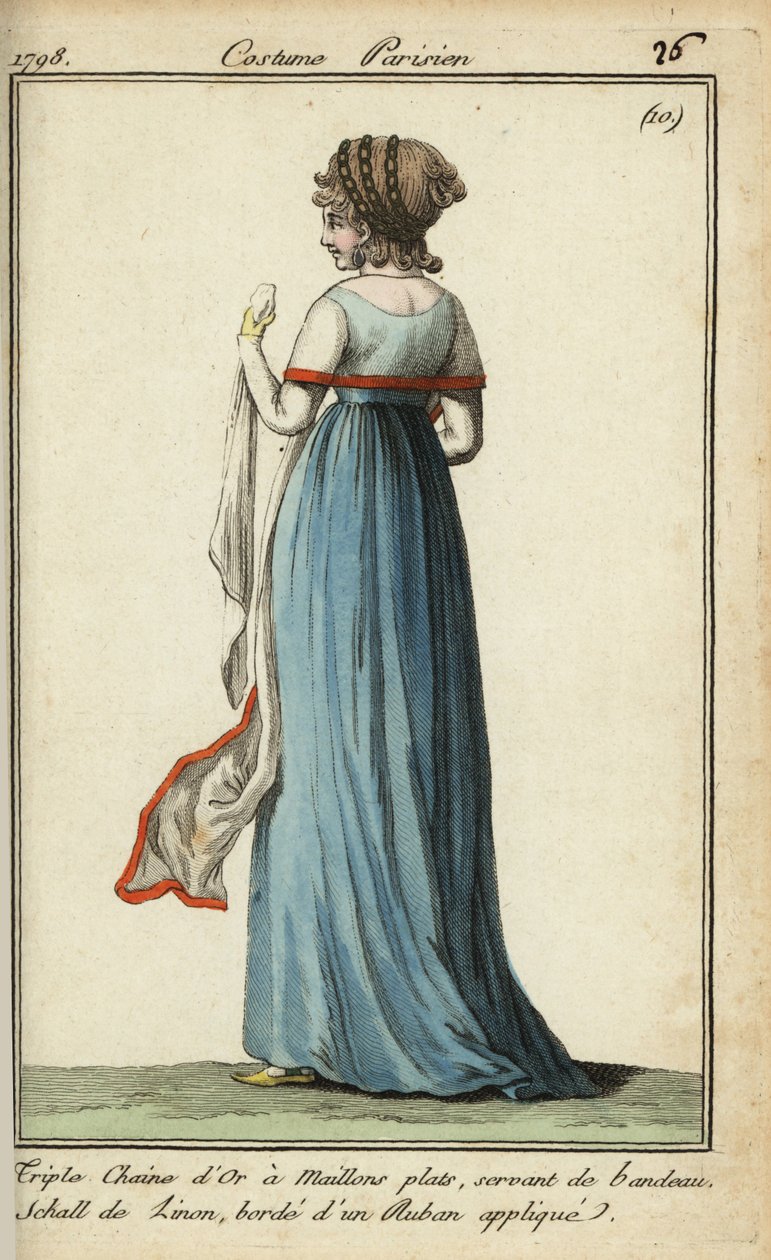 Donna con scialle trasparente alla moda del 1798 (incisione a mano su rame) da French School