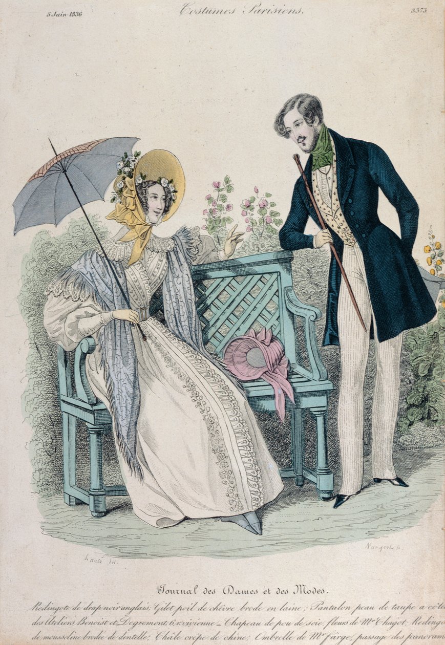 Donna con ombrello e uomo in redingote in un giardino, tavola di moda da Journal des Dames et des Modes, 5 giugno, 1836 da French School