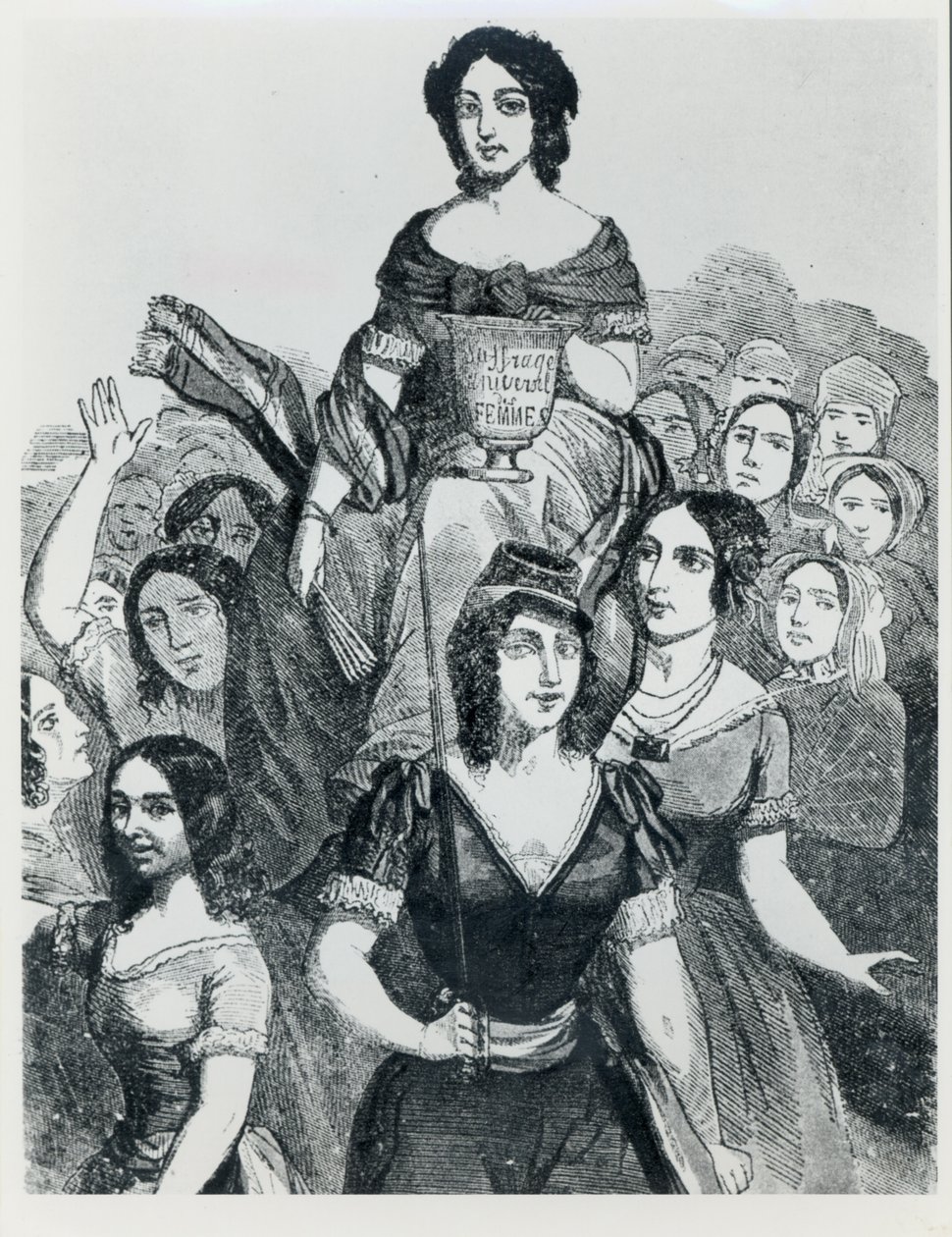 Donne che portano Jeanne Deroin in trionfo, da Les Femmes Celebres, volume I, Parigi, Mazenod, 1848 da French School