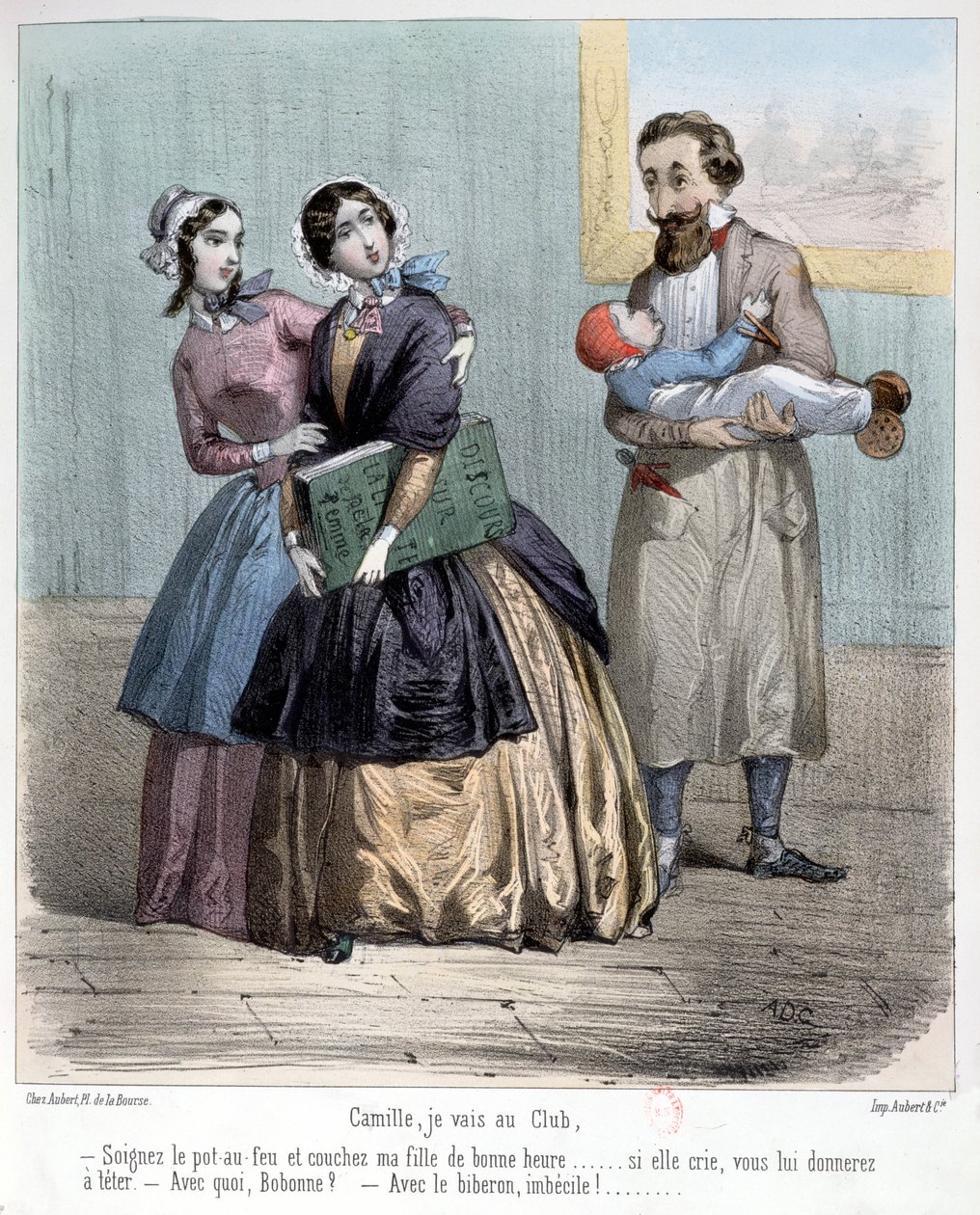 Donne che lasciano i mariti a badare ai bambini mentre vanno al loro club, 1848 da French School