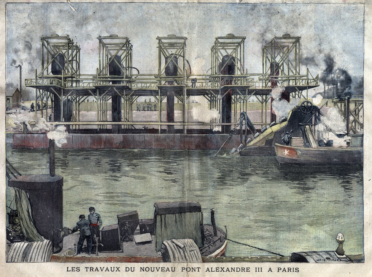 Lavori a Parigi del Pont Alexandre III. Incisione di aprile 1898 in "La petite Gironde" da French School
