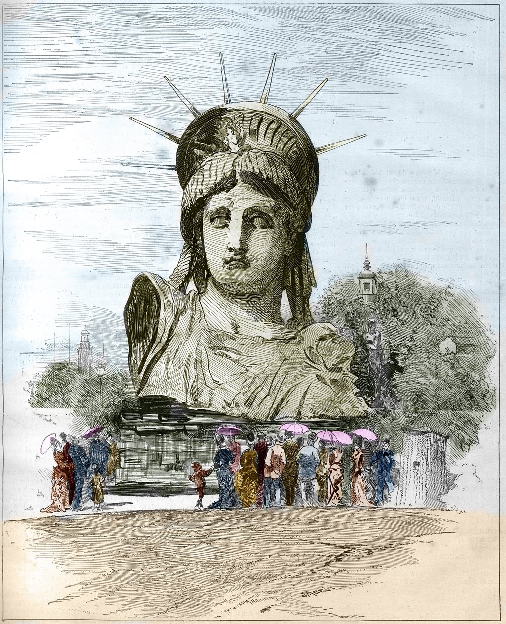 Esposizione Universale del 1878 a Parigi: la testa della Statua della Libertà di Frederic Auguste Bartholdi (1834-1904). Incisione di Edgard Morin in "The Illustrous World" n°1111 del 13 luglio 1878. da French School