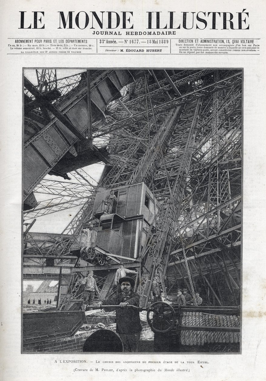 Esposizione Universale di Parigi 1889 - Il percorso degli ascensori al primo piano della Torre Eiffel - Le Monde Illustré del 1889 da French School