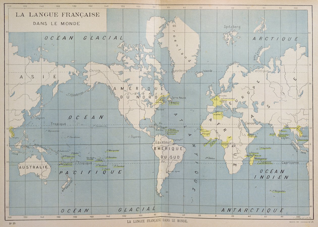 Mappa del mondo dei paesi francofoni, inizio XX secolo da French School