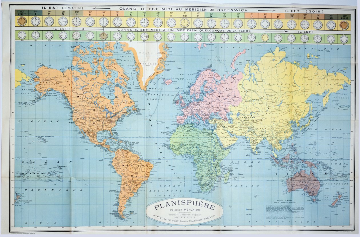 Mappa del mondo dei diversi fusi orari, pubblicata da Blondel La Rougery a Parigi c.1920 da French School