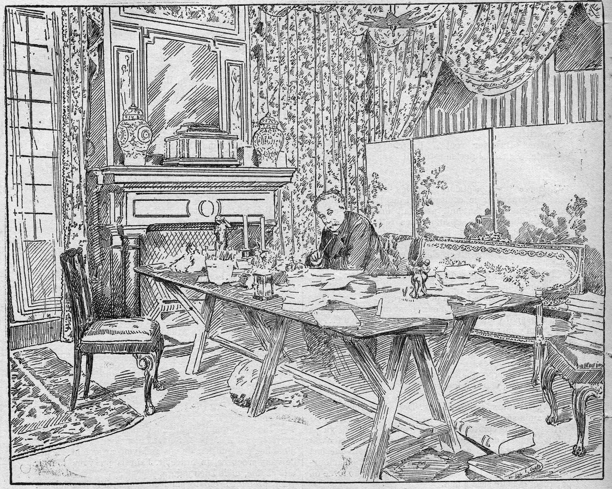 Scrittore Alexandre Dumas Jr. (1824-1895) nel suo studio. Incisione in 